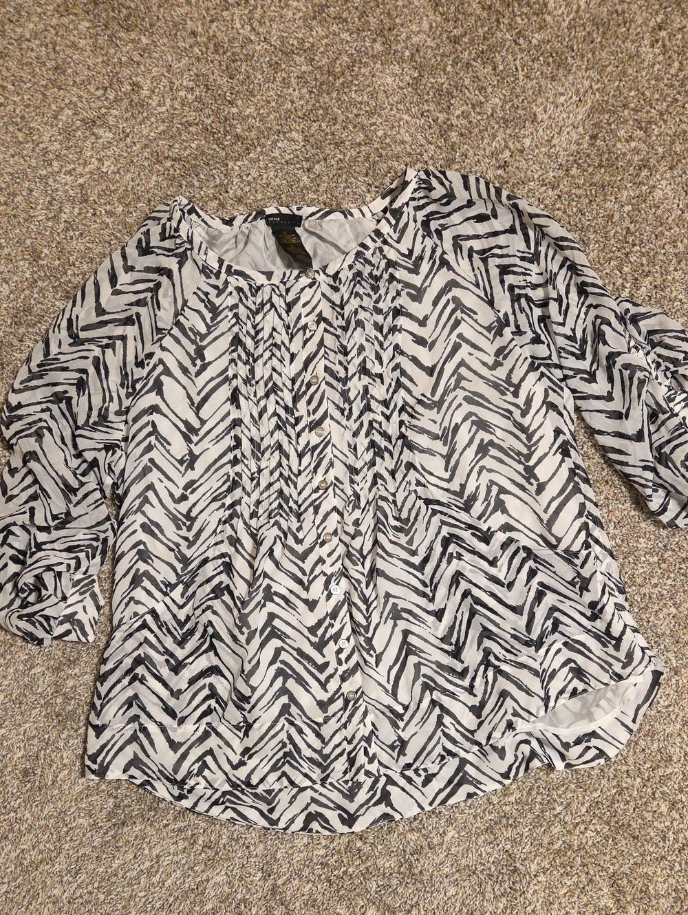 Grace Elements Black White Printed Pintuck Button Front Blouse XXL Pocketed